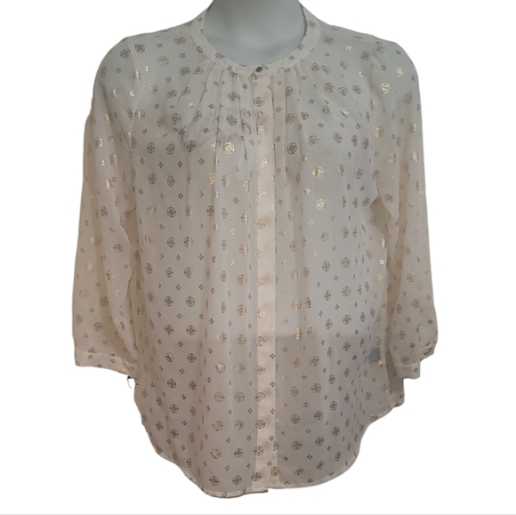 Liz Claiborne career large cream gold print sheer button up shirt top blouse - Picture 1 of 5